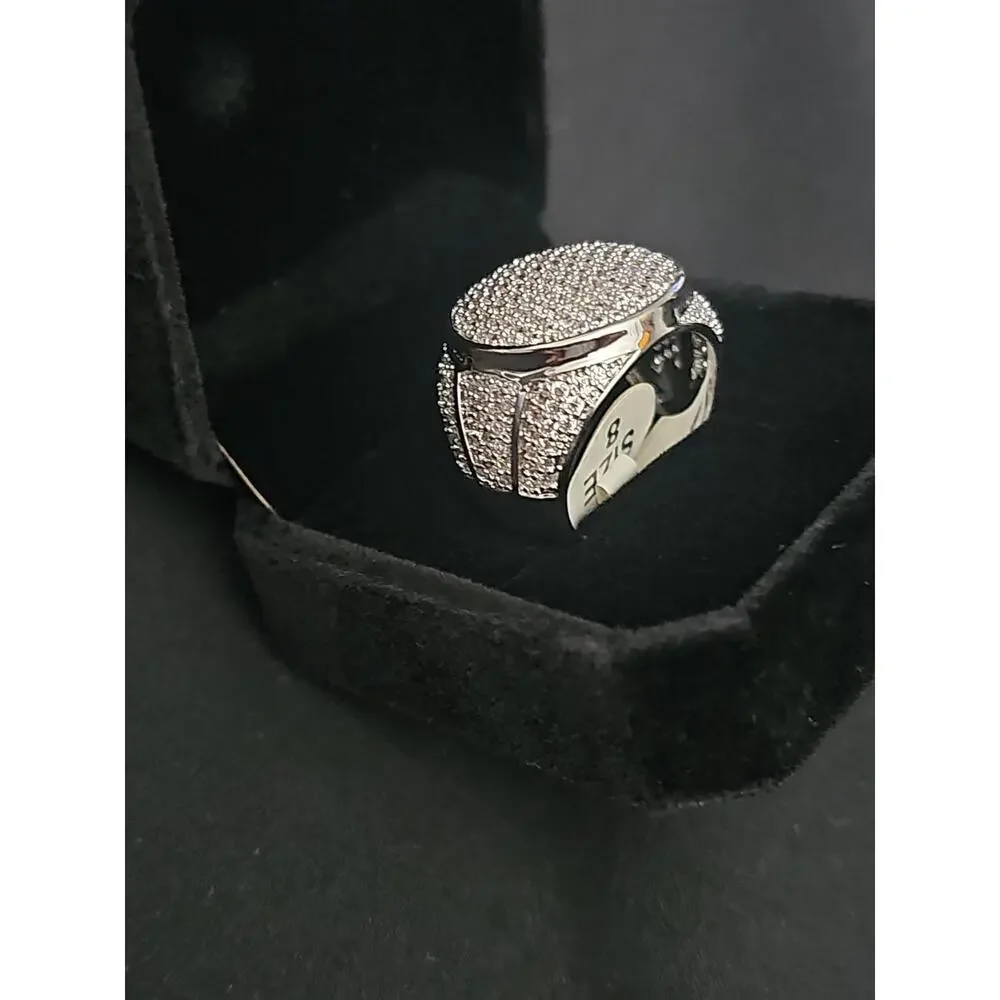 Size 8 White Gold-Plated brass- Men's Ring Pavé Round Cubic Zirconias